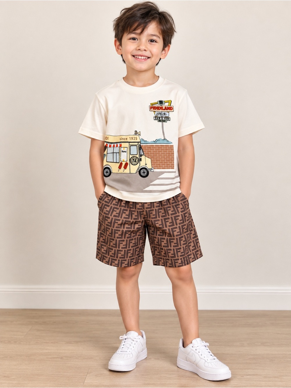 Fendi Cream Ice Cream Truck Graphic Tee and Brown FF Logo Shorts